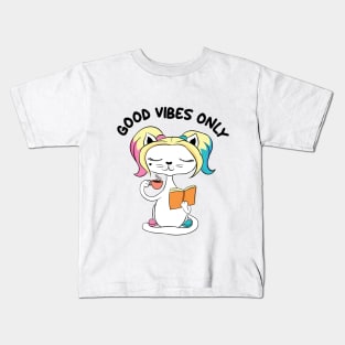 Cute Cat Enjoying Coffee and Reading Book Kids T-Shirt